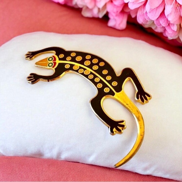 Laurel Burch Lizard Brooch Pin Cloisonne Enamel Gecko Vintage 90's Signed - Picture 2 of 14